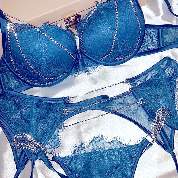 Diamond Bra Panty Lingerie Set 3-Piece Large Turquoise NEW - Picture 4 of 7